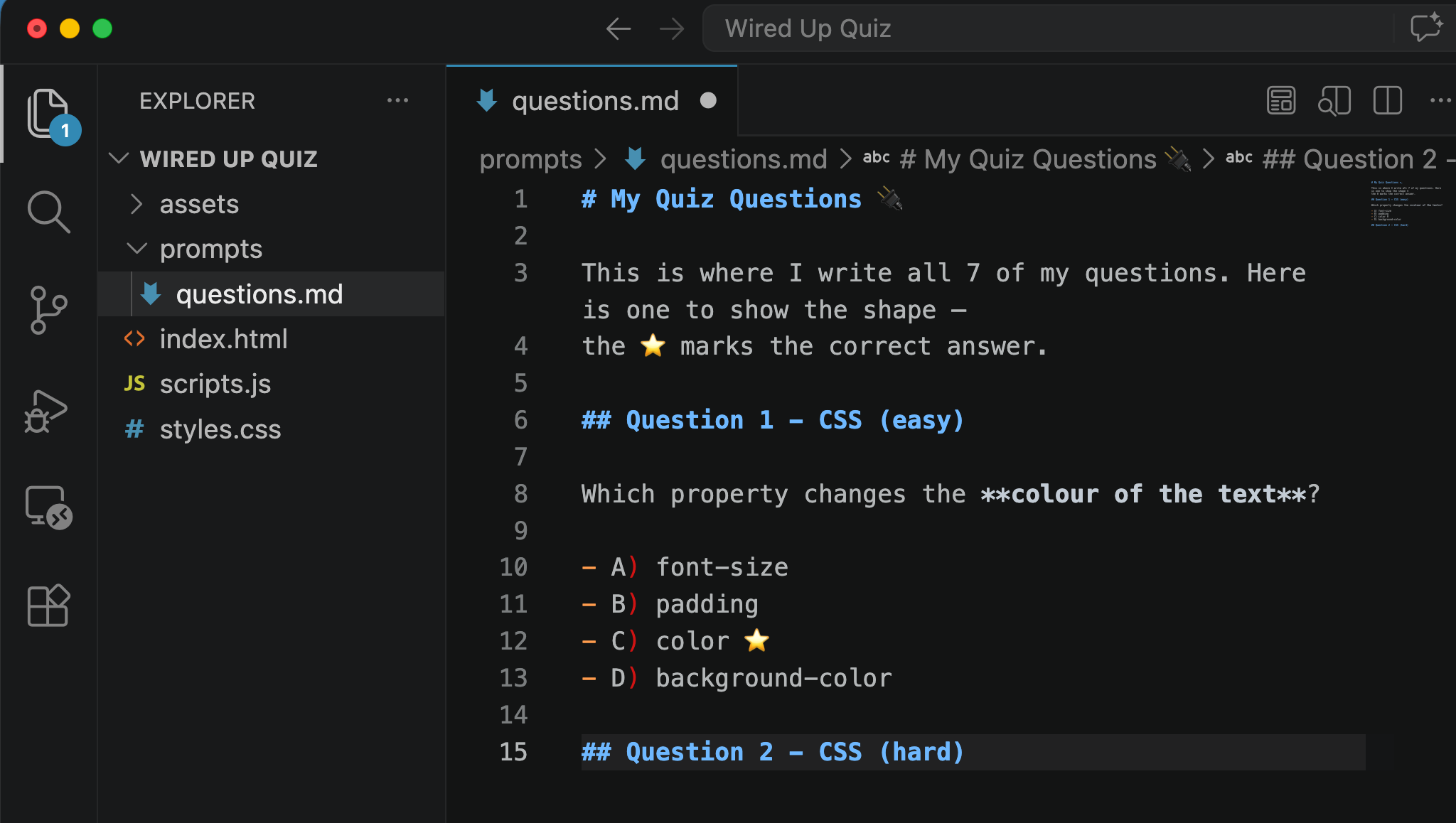 My questions.md open in VS Code